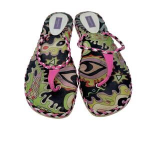 Emilio Pucci Multicolor Printed Flip Flop Slides Shoes Pink/Black | Fit US 9.5